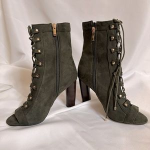 High heeled open toed dressy combat boot style by Ego. Olive suede, size 7.